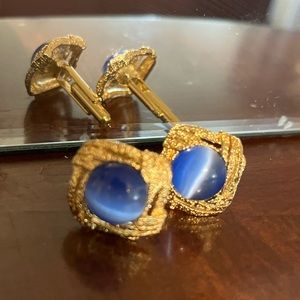 Gold Plated Blue Cat Eye Cuff Link Set